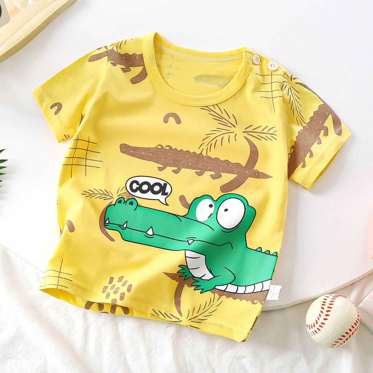 Baby Summer T-Shirt, Cute Cartoon Dinosaur Print Short Sleeve Tee, Breathable Cotton Casual Tops for Toddler Kids, Sizes 73-130cm, Single Pack, Soft Daily Shirts for Boys 