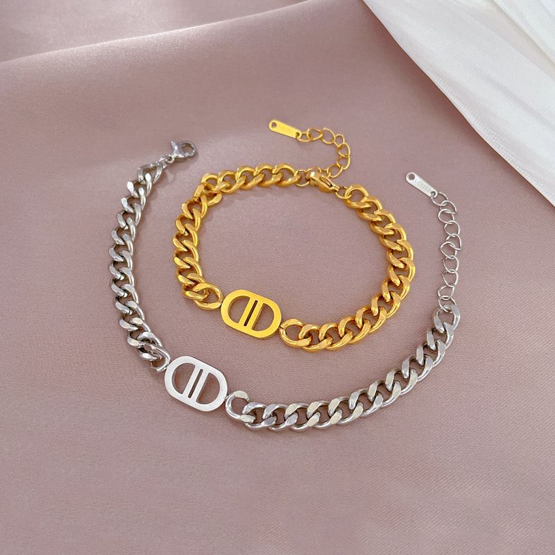 Vintage Chunky Cuban Link Bracelet with Double D Charm for Women Minimalist Adjustable Extension Chain Titanium Steel Wrist Jewelry Anti-fade Waterproof Fashion Daily Accessory Friendship Gift for Ladies Two Classic Gold Silver Solid Color Options
