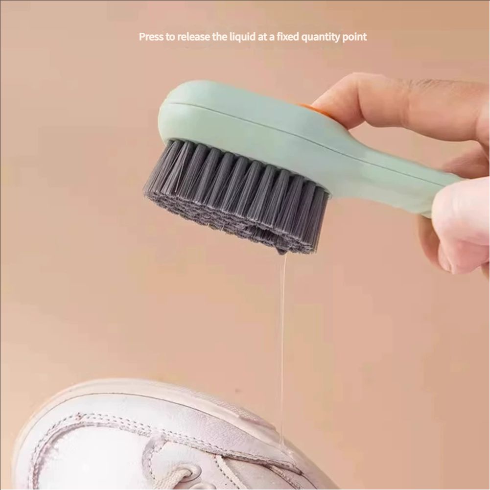 Adding liquid to shoes, brushing shoes, and using a household pressure type brush to dispense liquid without damaging the shoes. Adding liquid to shoes and using a shoe brush