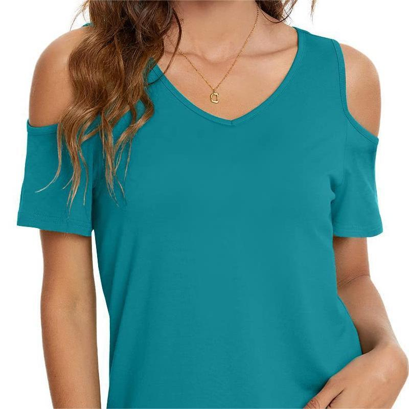 23041803# Women's Summer Sexy Off-The-Shoulder V-Neck Short Sleeve Solid Color T-Shirt Top