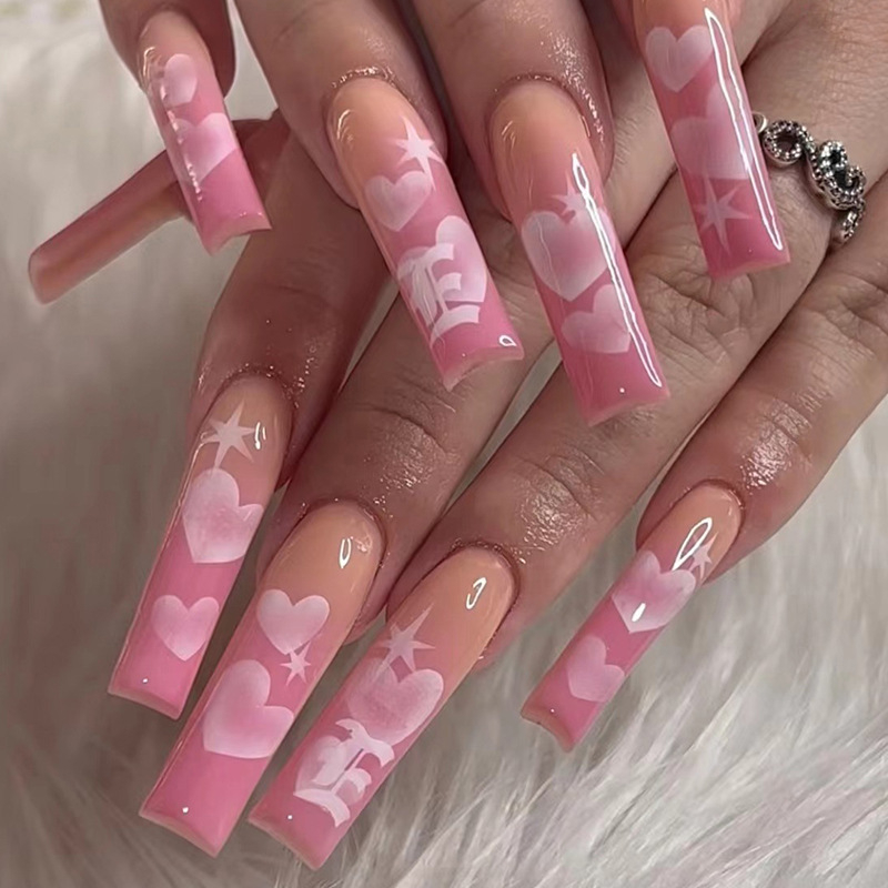 JP1595 24 Pcs Glossy Press on Nails, Super Long Heart Pattern Fake Nails, Full Cover Artificial False Nails for Women and Girls