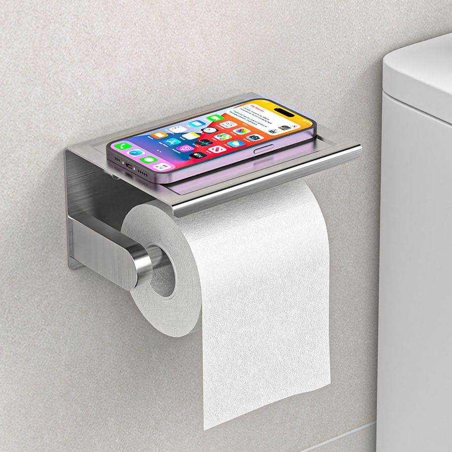 Toilet Paper Holder with Phone Shelf + Towel Robe Hooks, Adhesive or Screw Wall Mounted Toilet Paper Roll Storage, Stainless Steel Bathroom Tissue Roll Holder (Brushed Nickel)