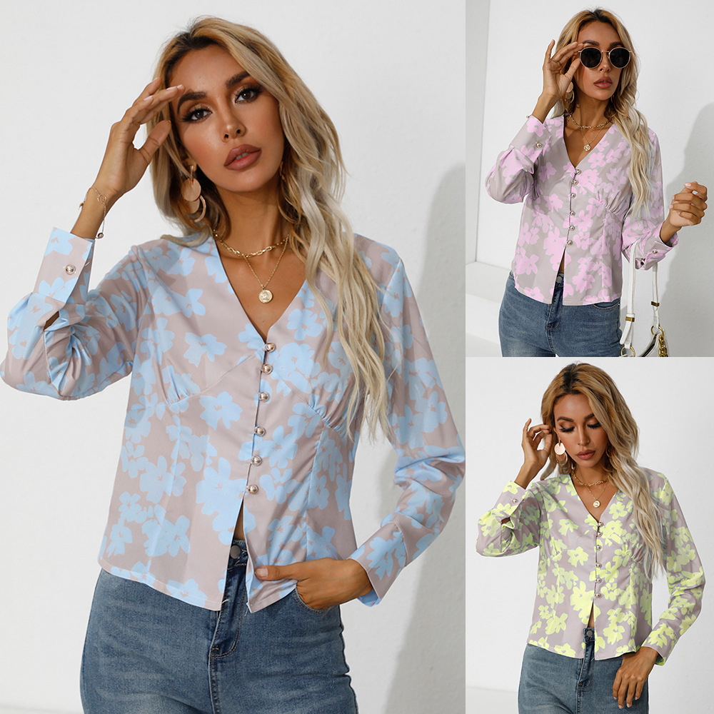109607 V Neck Floral Top Women Long Sleeve Satin Blouses
