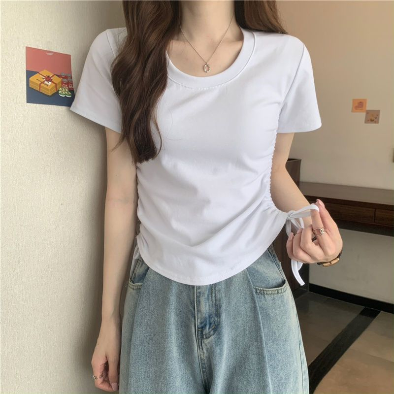 420 Women's Loose Crewneck Drawstring Slim Short Sleeve T-shirtWhite
