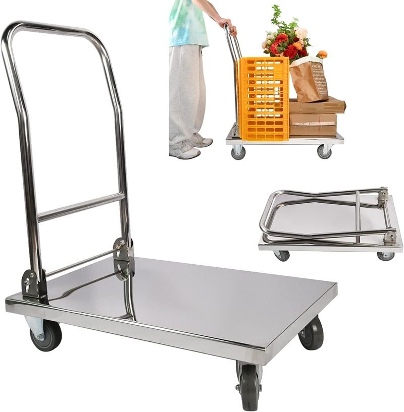 Wannilen Push Cart Dolly 800lbs Folding Platform Truck Cart 32"x20" Heavy Duty Moving Platform Hand Truck Stainless Steel Foldable Moving Flatbed Dolly Cart with 360 Degree Swivel Wheels
