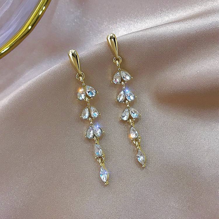 EH72 Women's New Fashion Long Tassel Earrings Leaf Rhinestone Earrings