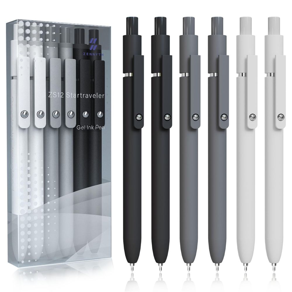 Gel Pens,6 Pcs 0.5mm Fine Point Black Ink Pens With Smooth Writing,Quick Dry Pens For Journaling,Nurse Aesthetic Pen,Office School Supplies for Men Women Student(Black Gray White)