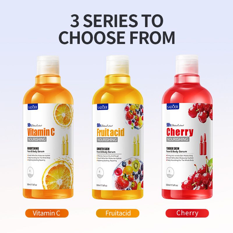 SADOER Nourishing Face & Body Serum 500ml, 3 Scents Optional: Vitamin C Brightening, Fruit Acid Smoothing, Cherry Tender Skin, Hydrating Moisturizing All-Over Serum for All Skin Types