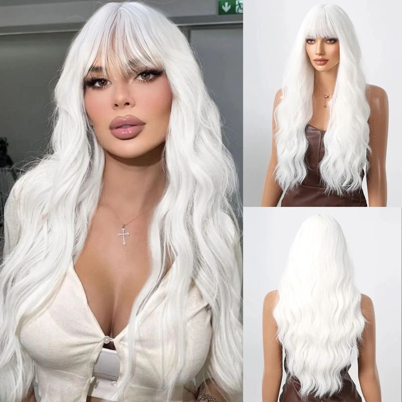 131 Blonde Synthetic Cosplay Wig Long Curly White Wigs with Bangs for Black Women Water Wave Heat Resistant Fibre Natural Hair Wig