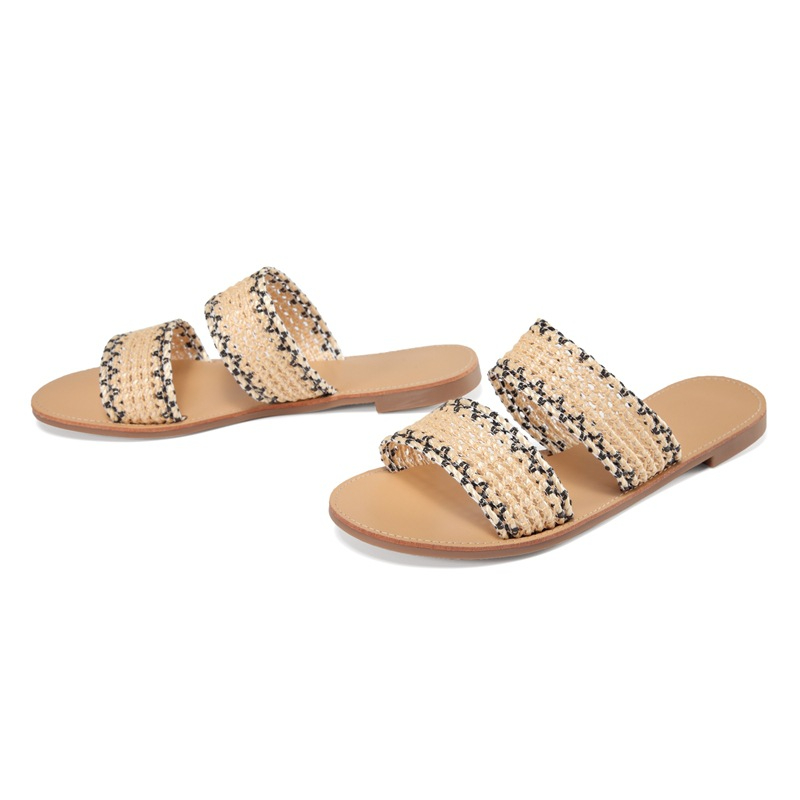 PL0055 Women's Braided Slide Sandals Open Toe Two Strap Slip On Flat Sandals Casual Summer Shoes