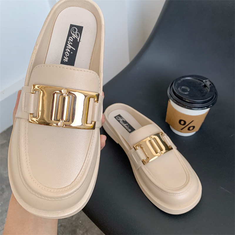 leather loafers Women's round-toe casual shoes Half-slippers for girls platform sandals