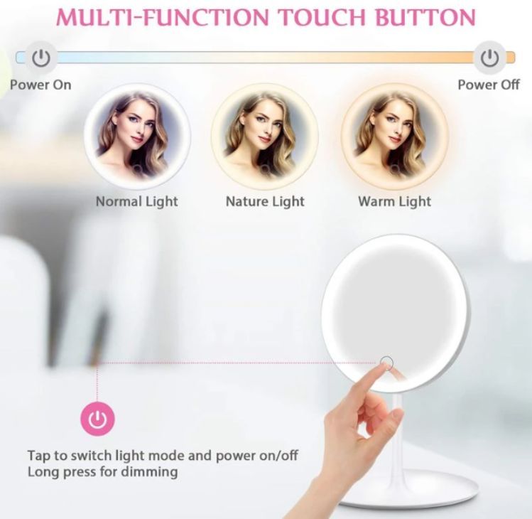 LED Makeup Mirror With Light Lamp With Storage Desktop Rotating Cosmetic Mirror Light Adjustable Dimming USB Vanity Mirror
