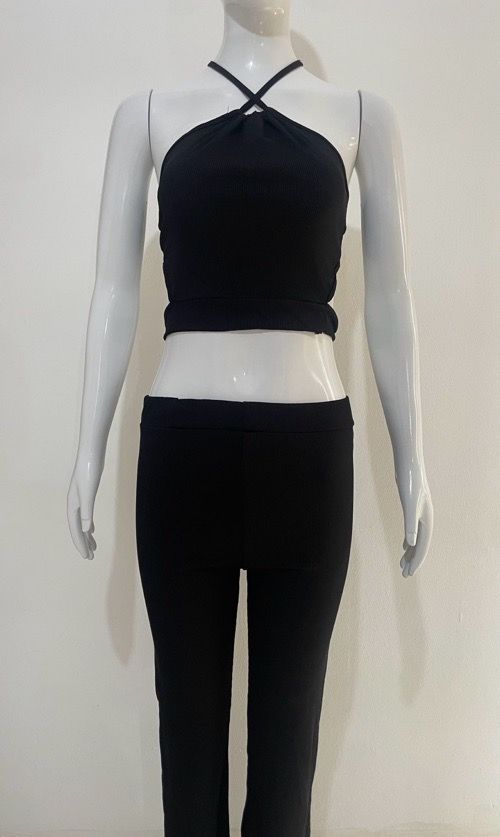 Suspenders pleated slim fit two-piece set Spice girl pleated suspenders, slacks set solid color knitted split top + bootcut slim turned-up trousers