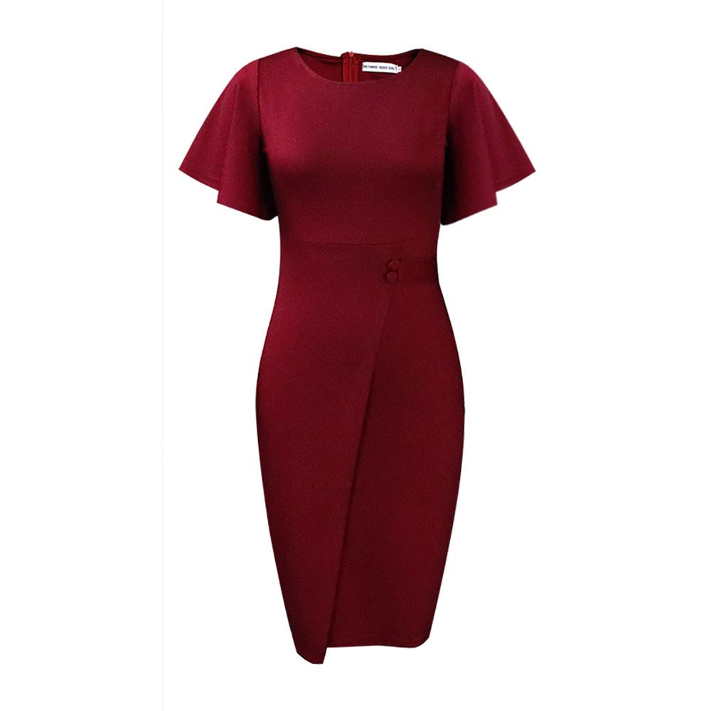 D311 women 2024 summer new solid color high-waisted temperament commuter lotus sleeve office European and American dress