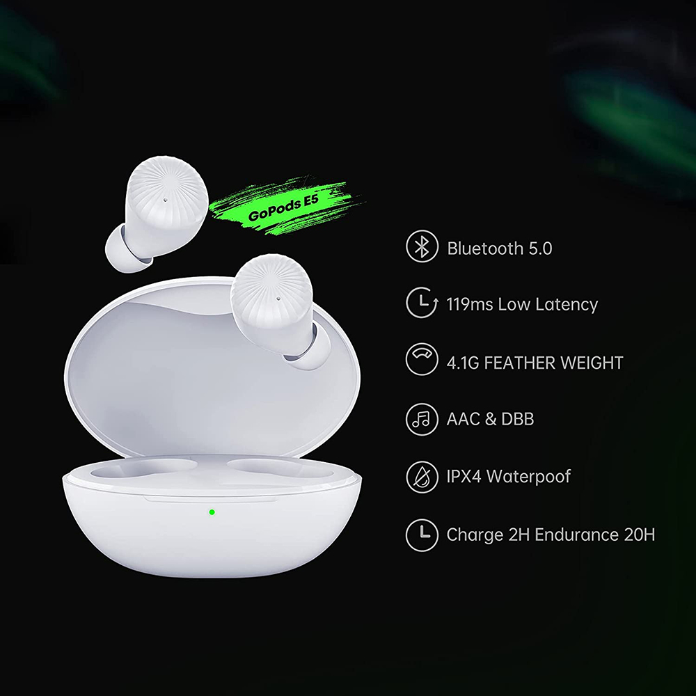 DIZO Gopods E5 Wireless Earbuds Bluetooth 5.0, Wireless Headphones IPX4 Waterpoof, 4.1G Ultra Light Weight, AAC &amp; DBB, 119ms Low Latency, 20H Playtime for Android &amp; Apple