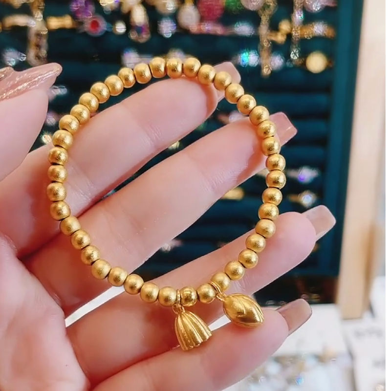 014 18K Gold Chain Beaded Ball Stackable Bracelets Gift with Lotus Seedpod Pendant for Women