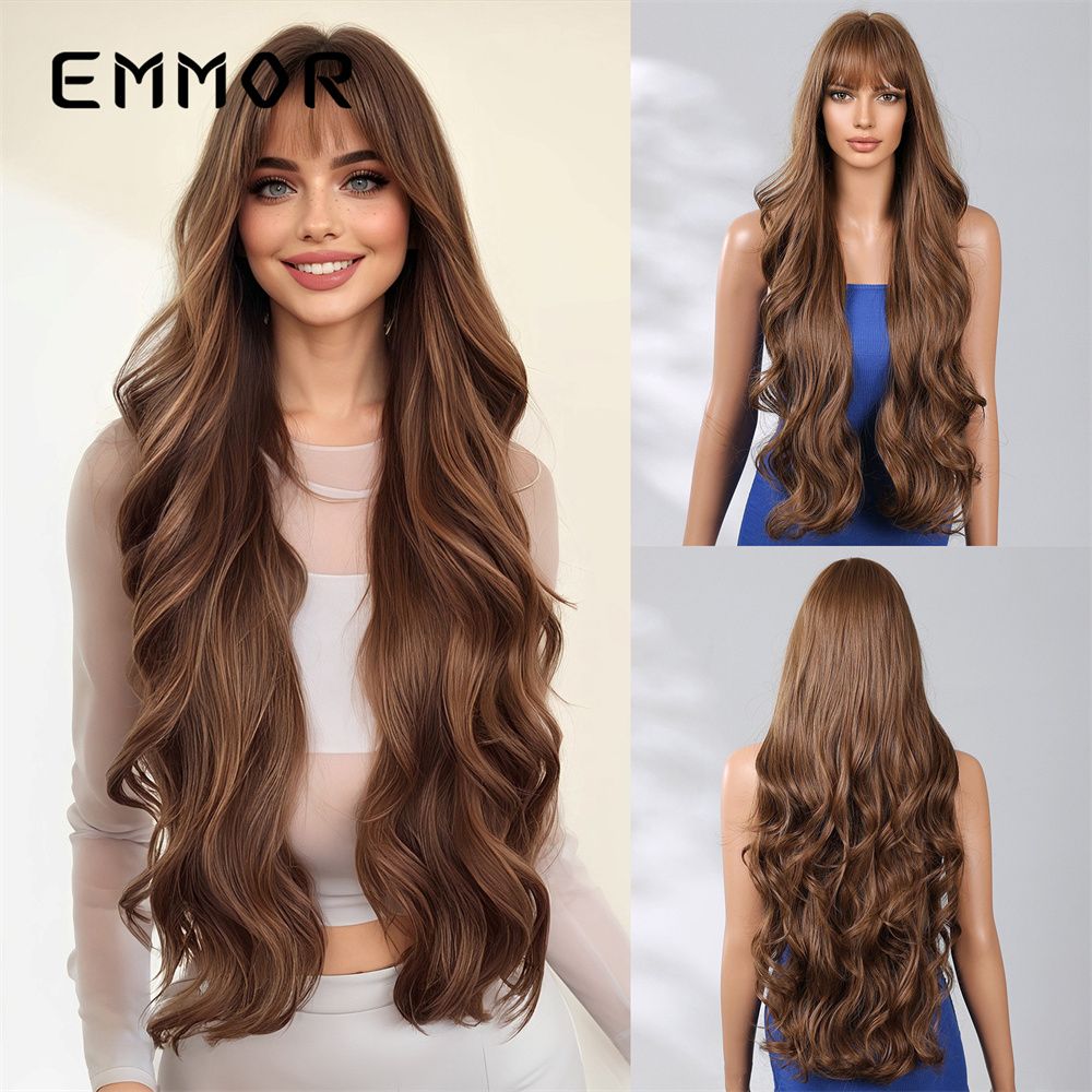 New women's straight bangs dark brown big waves fashion long curly hair wig full head hairstyle C1222-1OR30