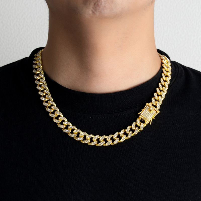 Classic 13mm Cuban chain, alloy full diamond, hip-hop style, gold-plated necklace, men's and women's bracelets free shipping