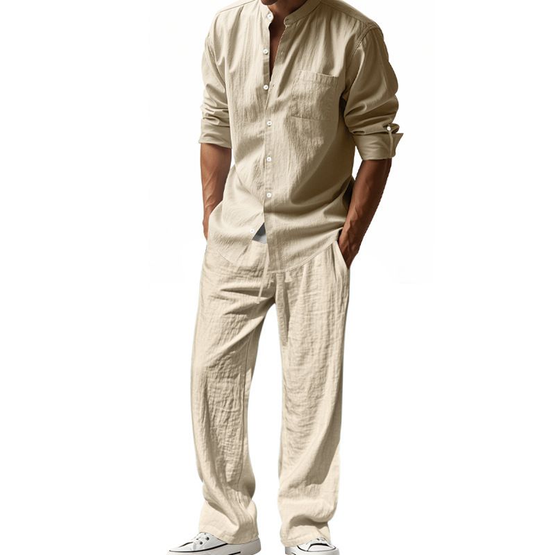 Men's Clothing Sets Two-Piece Outfits Flax Men's Casual Loose Breathable Long Sleeve Long Pants Shirt Beach Set