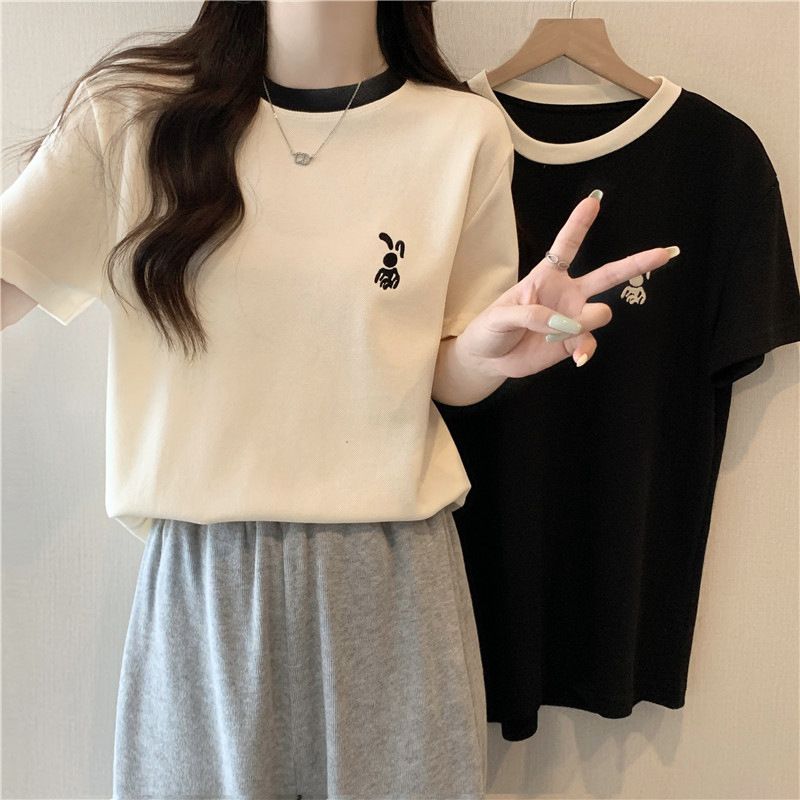 YF7819 Apricot short-sleeved women's summer design sense embroidered T-shirt thin model Waffle lattice slimming women's T-shirt