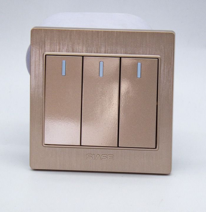wall power light switch stainless steel panel，10A 250V 3GangGOLD