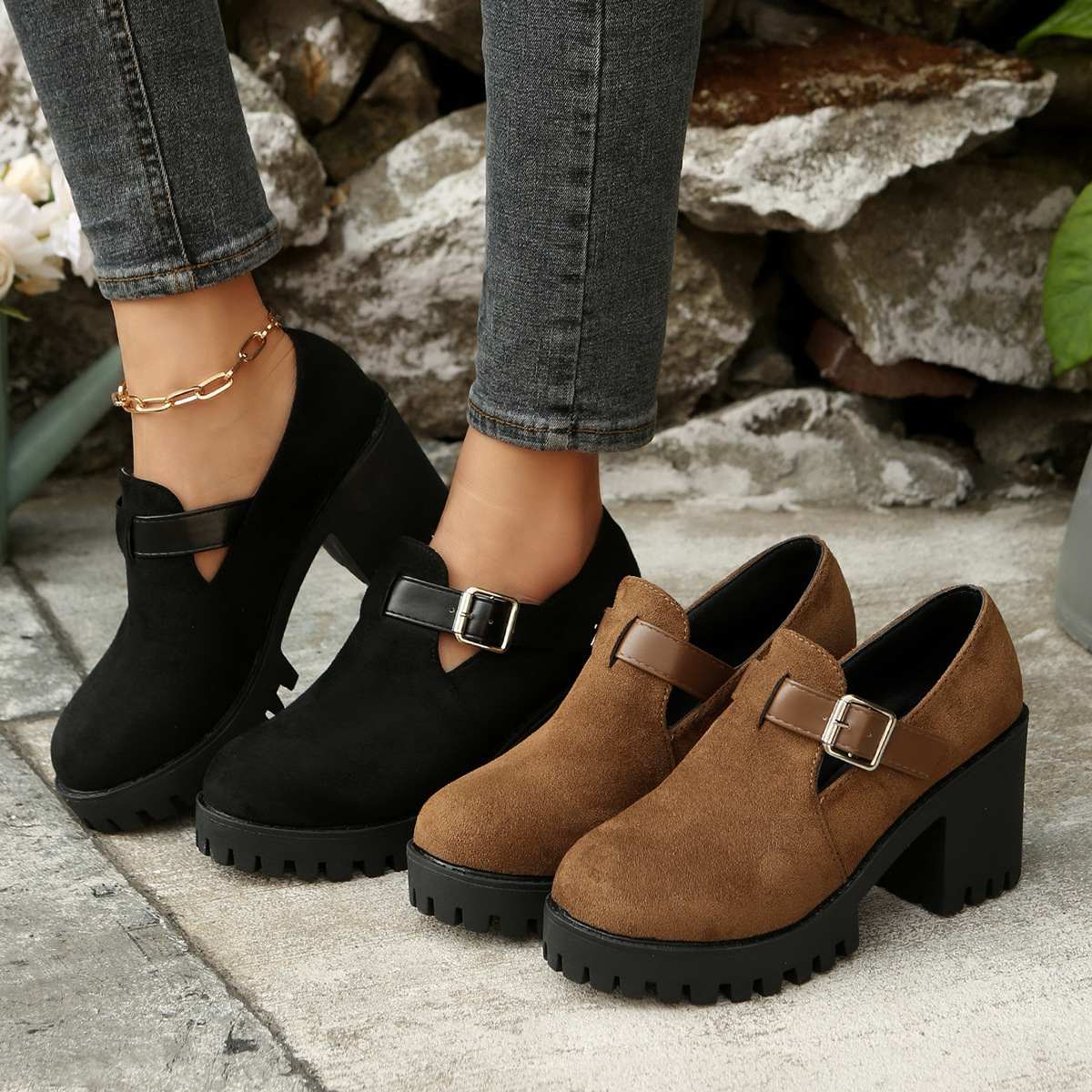 2025 Autumn New Chunky Platform Loafer Pumps Women's Large Size Suede Round Toe Buckle Decor Comfortable