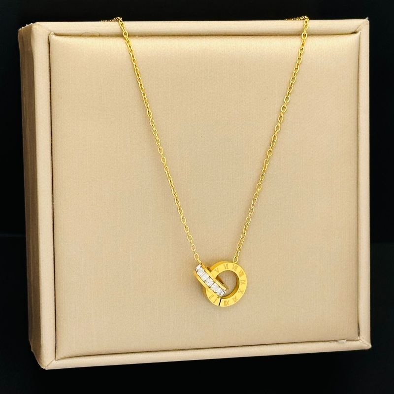 Interlocking Roman diamond studded titanium steel necklace CRRSHOP lovers Double ring necklace,free shipping