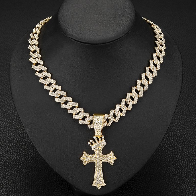 Full Diamond, Crown Cross Pendant Necklace, Alloy Diamond Set, Cuban Necklace, Jewelry CRRSHOP free shipping Holiday gifts