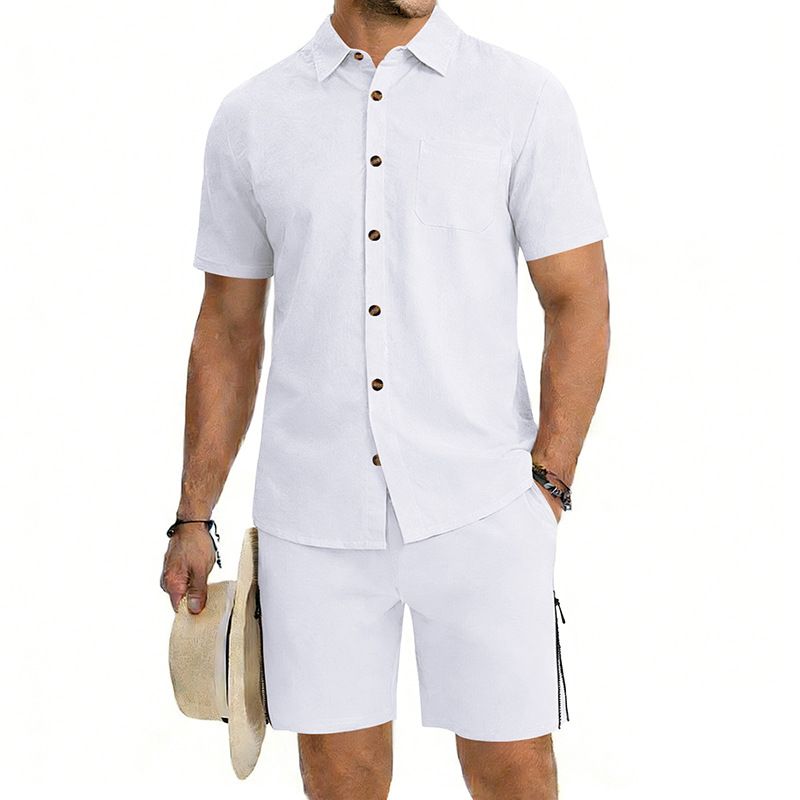 Men's Summer Resort Style Cool Silk Cotton Short Sleeve Shirt & Detachable Zipper Shorts 2-Piece Set Casual Outfit