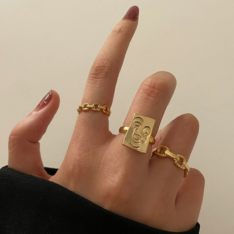52102 Neo-Gothic 3Pcs/set Chain Rings Set For Women Gold Color Geometric Square Coin Knuckle Ring Jewelry Finger Accessories