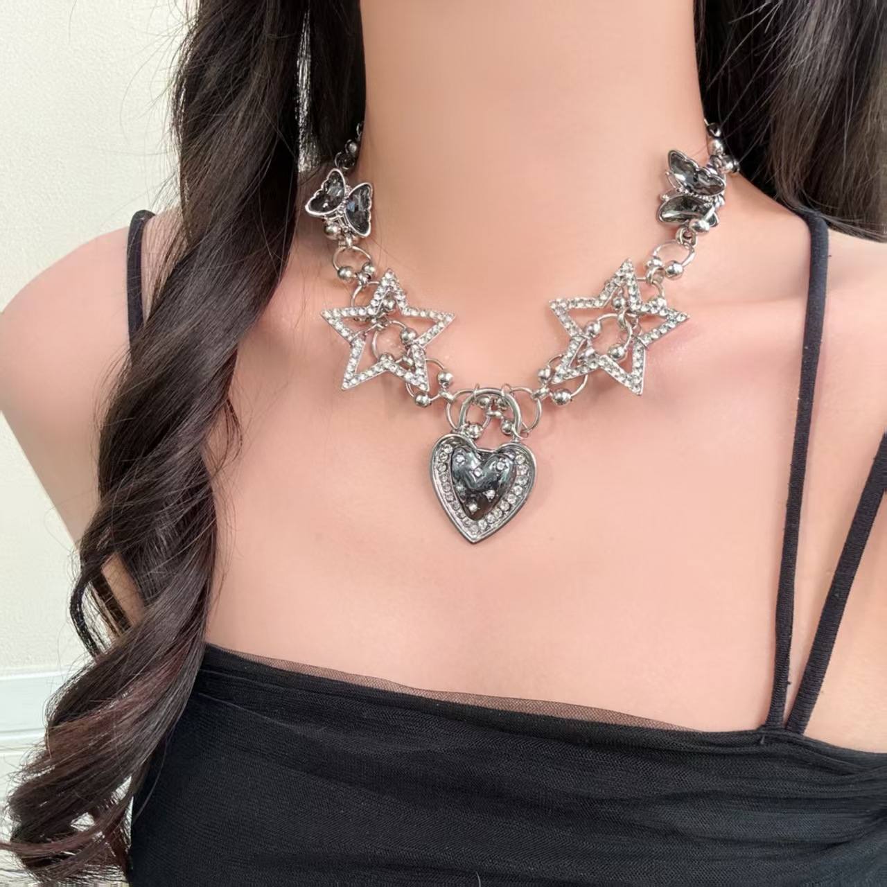 Heavy Craft Full Paved Rhinestone Star Heart Necklace for Women, Luxury High Sense Y2K Spicy Girl Clavicle Chain, Trendy Dainty Neck Jewelry Accessories for Daily Party Streetwear