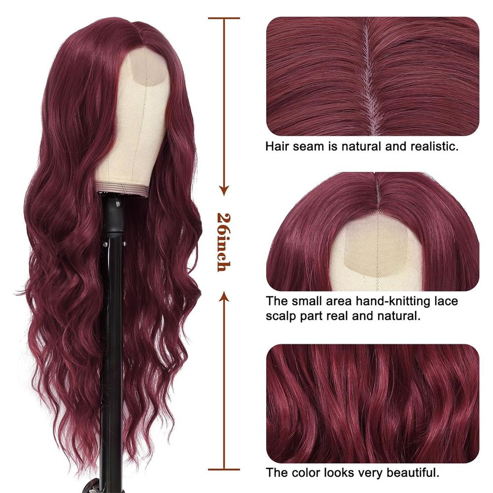Ladies wine red long curly hair forehead lace parting big wave 2396