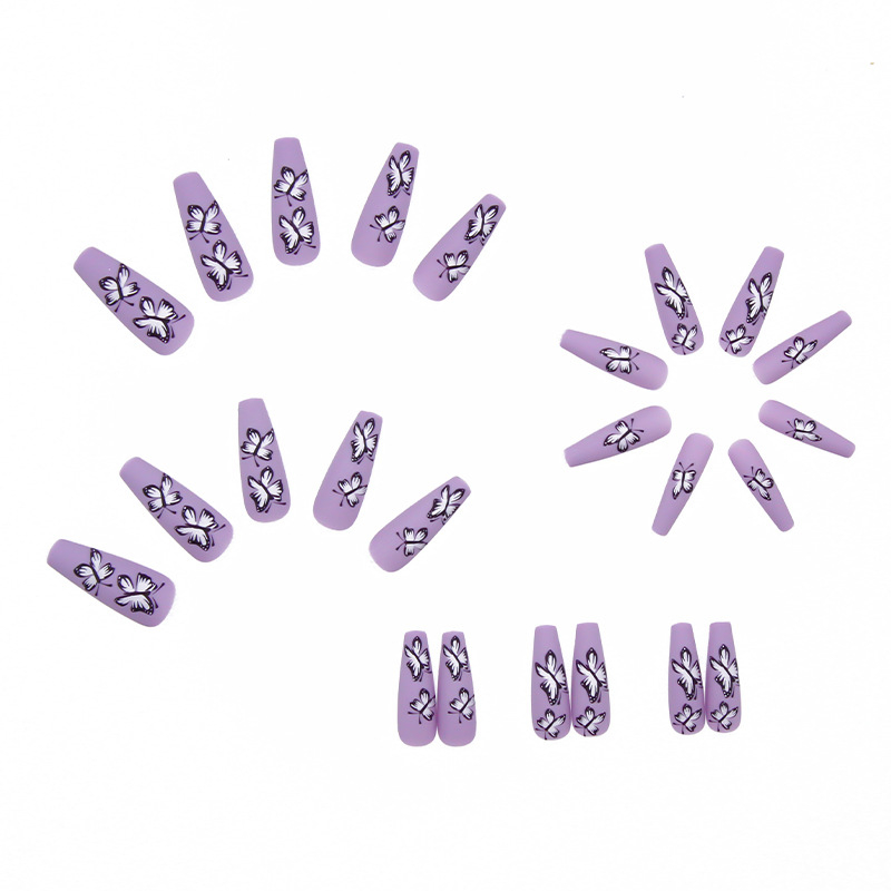 24pcs/Set Detachable Long Coffin Fake Nails European Purple  Butterfly Pattern Full Nail Art