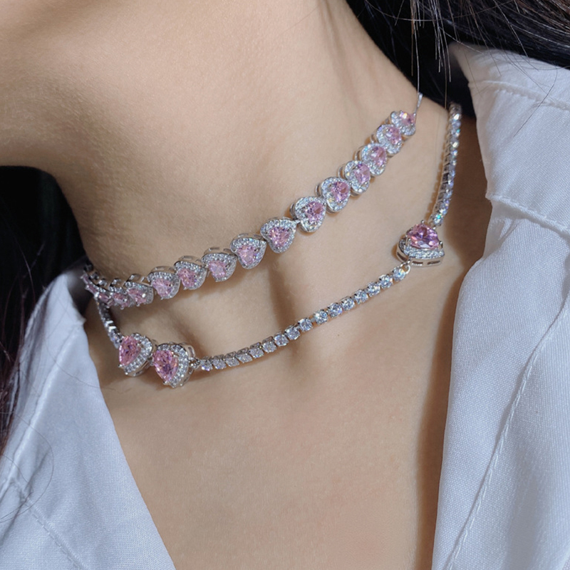 Sweet Pink Rhinestone Heart Zircon Choker Necklace for Women Girls Elegant Crystal Wedding Party Chain Collares Jewelry
