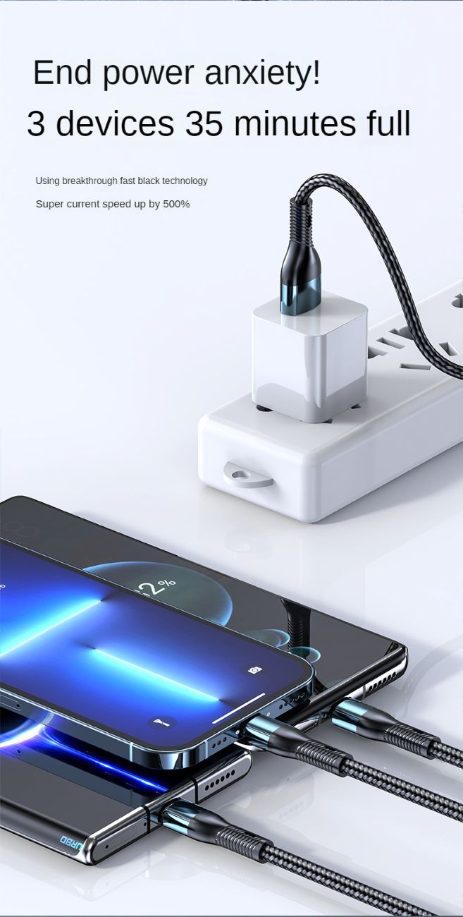 120W Charging Cable Data Cable Three-in-One Tpyec Super Fast Charge Vehicle-Mounted One-to-Three