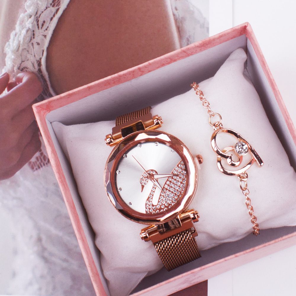 Elegant 2‑Piece Women Watch Jewelry Set, Stone‑Inlaid Analog Wristwatch With Coordinating Accessory, Stylish Timepiece Kit for Daily Wear, Party Occasion and Female Gift‑Giving.