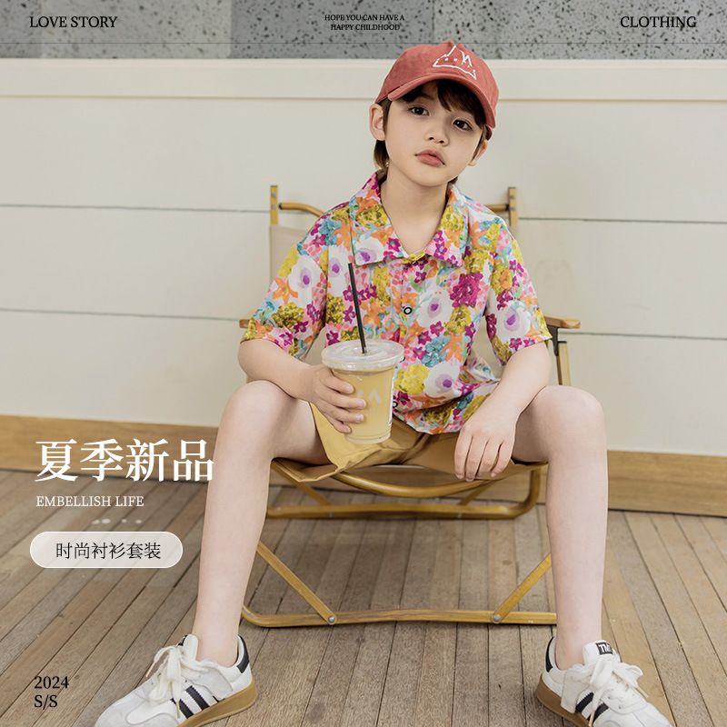 Children's summer beach shorts shirt preppy T-shirt set TJLM2414
