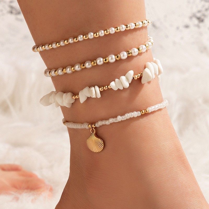 AK23Y0052 Summer Beach Women Anklet Shell Weave Chain Full of Diamond Bee Pendant Multi-Layer Anklet#7