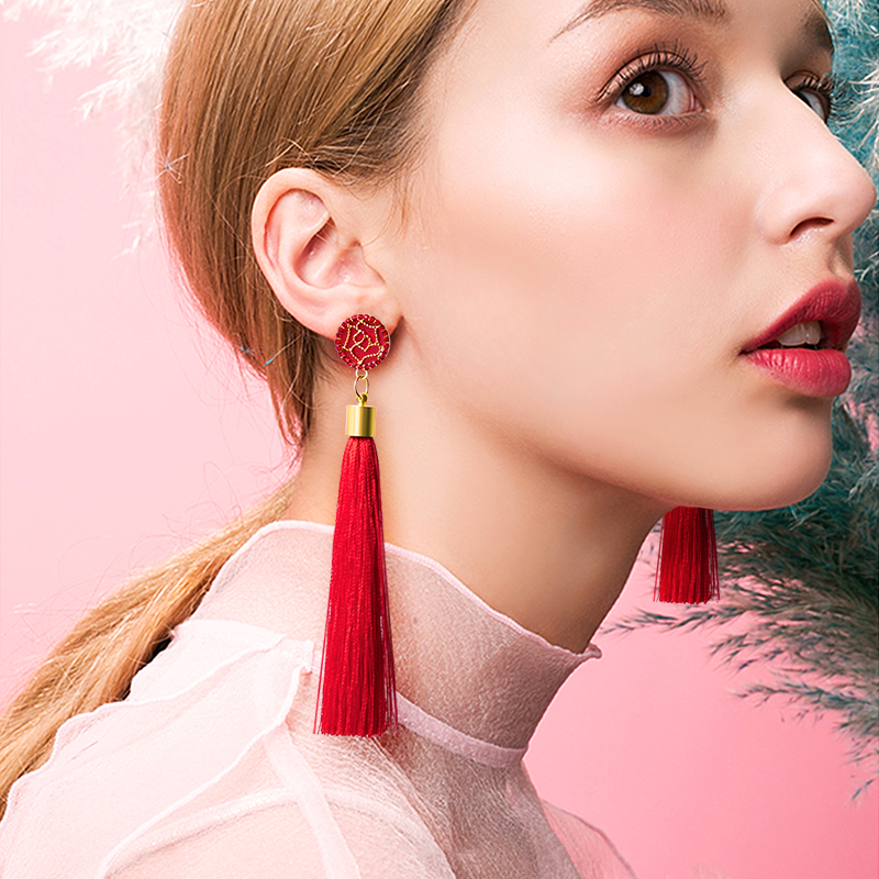 European Fashion Bohemian Tassel Crystal Long Earrings White Red Silk Fabric Drop Dangle Tassel Earrings For Women 2020 Jewelry