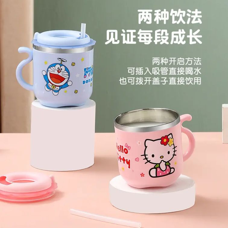 Cartoon Double Wall Insulated Leak Proof Stainless steel Water Cup With Straw For Children