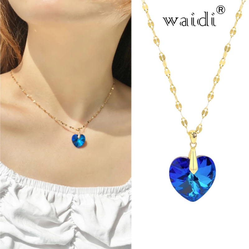 Waidi S925 Sterling silver Heart Pendant Necklaces for Women Ocean Blue Crystal Necklace Forever Love Jewelry Gifts