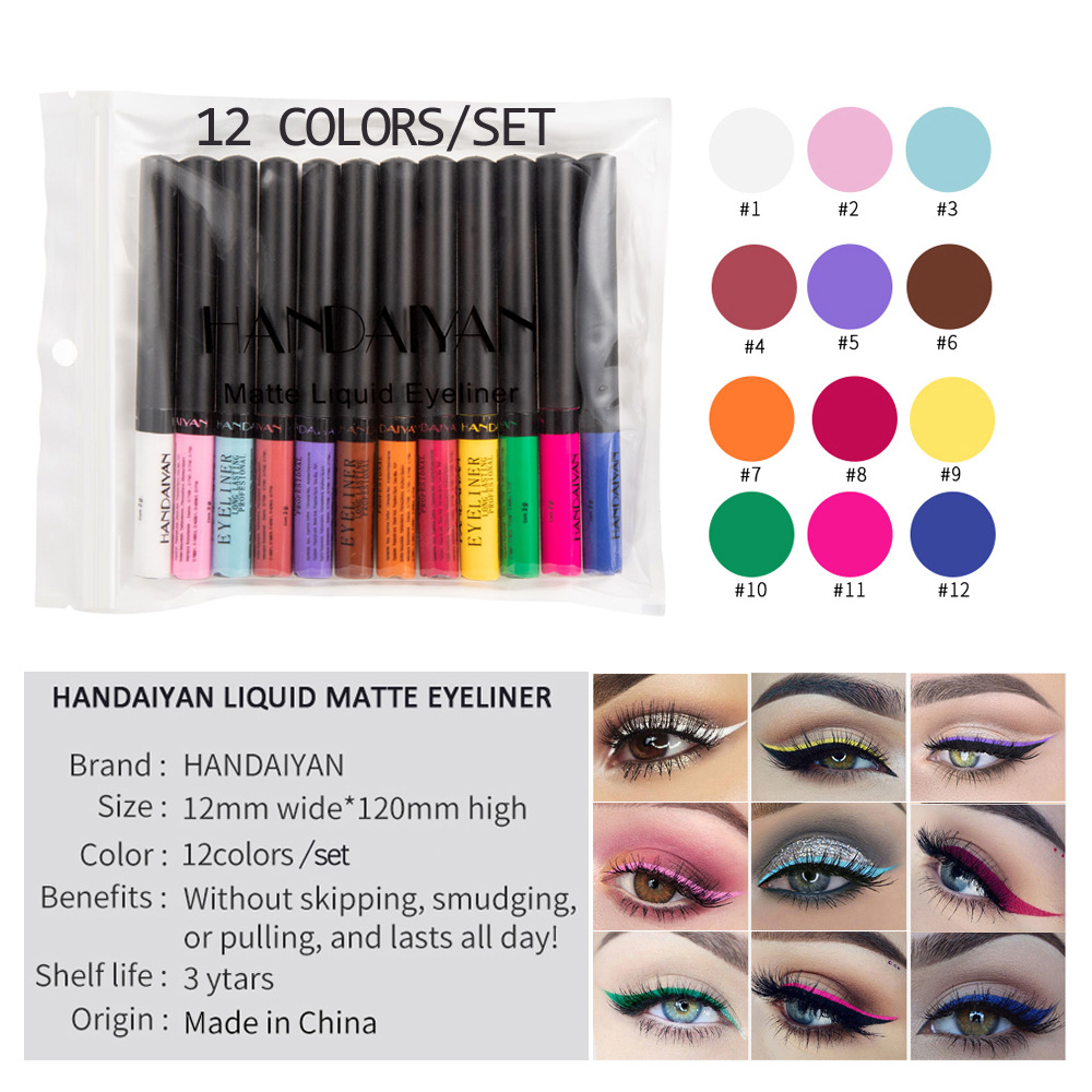 H2003Kit 12 Colors Matte Eyeliner Set Glitter Makeup Waterproof Colorful Liquid Crystal Diamond Eye Liner Pen Gel Make Up Cosmetics