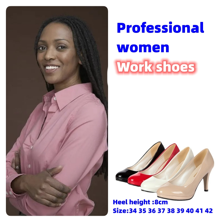 Women black work single shoes Oversized high heels size 34 35 36 37 38 39 40 41 42 Round head Not tiring feet CRRSHOP Professional female red white beige Black matte Heel height 8 cm women's shoes