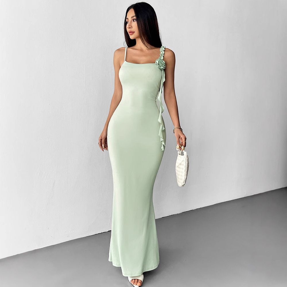 Summer Elegant Strappy Dress Women Tie Waist Slim Fit Mermaid Hem Hip Wrap Party Dress