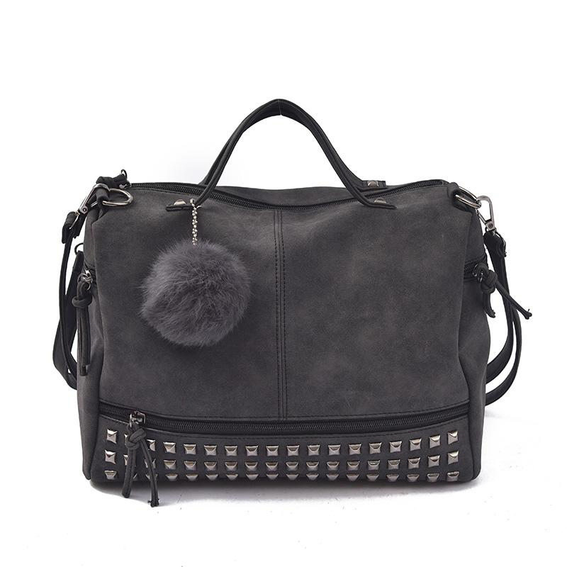Bolish Vintage Nubuck PU Leather Female Top-handle Bags Rivet Women Bags Hair Ball Shoulder Bag Motorcycle Messenger Bag