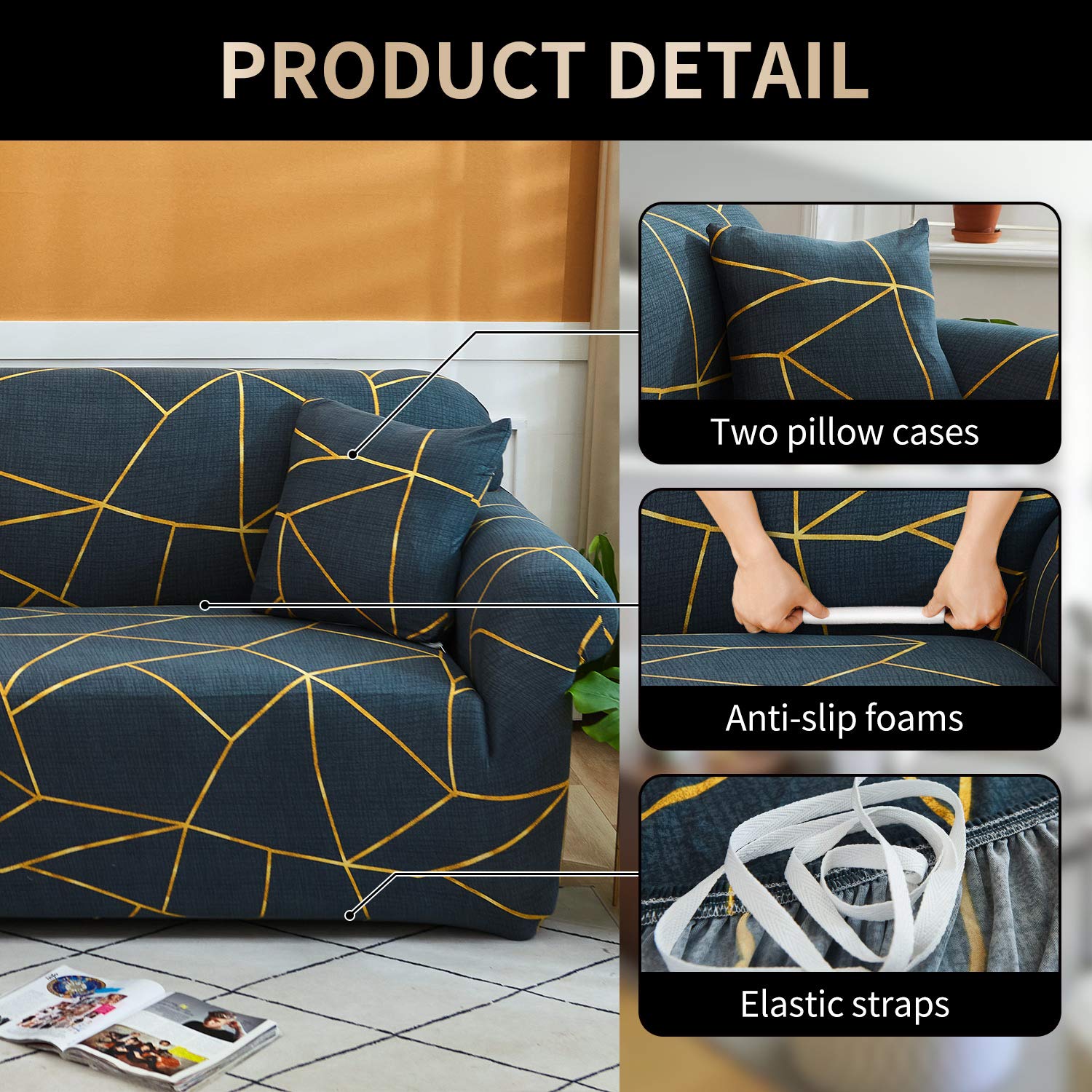 Stretch Printed Spandex Non Slip Soft Couch Sofa Cover, Washable Furniture Protector with Non Skid Foam and Elastic Bottom for Kids, Pets