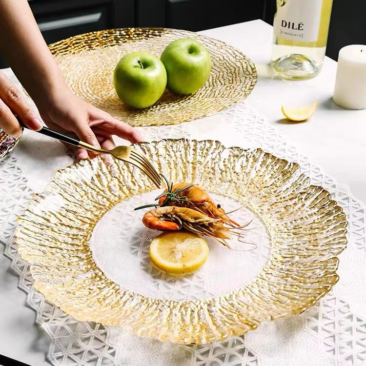 Nordic Windshield Plate Household Gold Leaf Edge Transparent Plate Glass Fruit Salad Bowl Plate Lace Plate