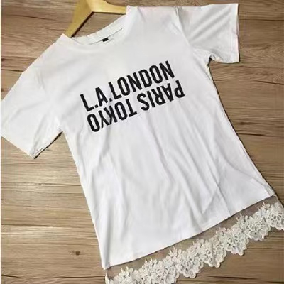 DX0119# Women Slogan & lace  Tee T-Shirt