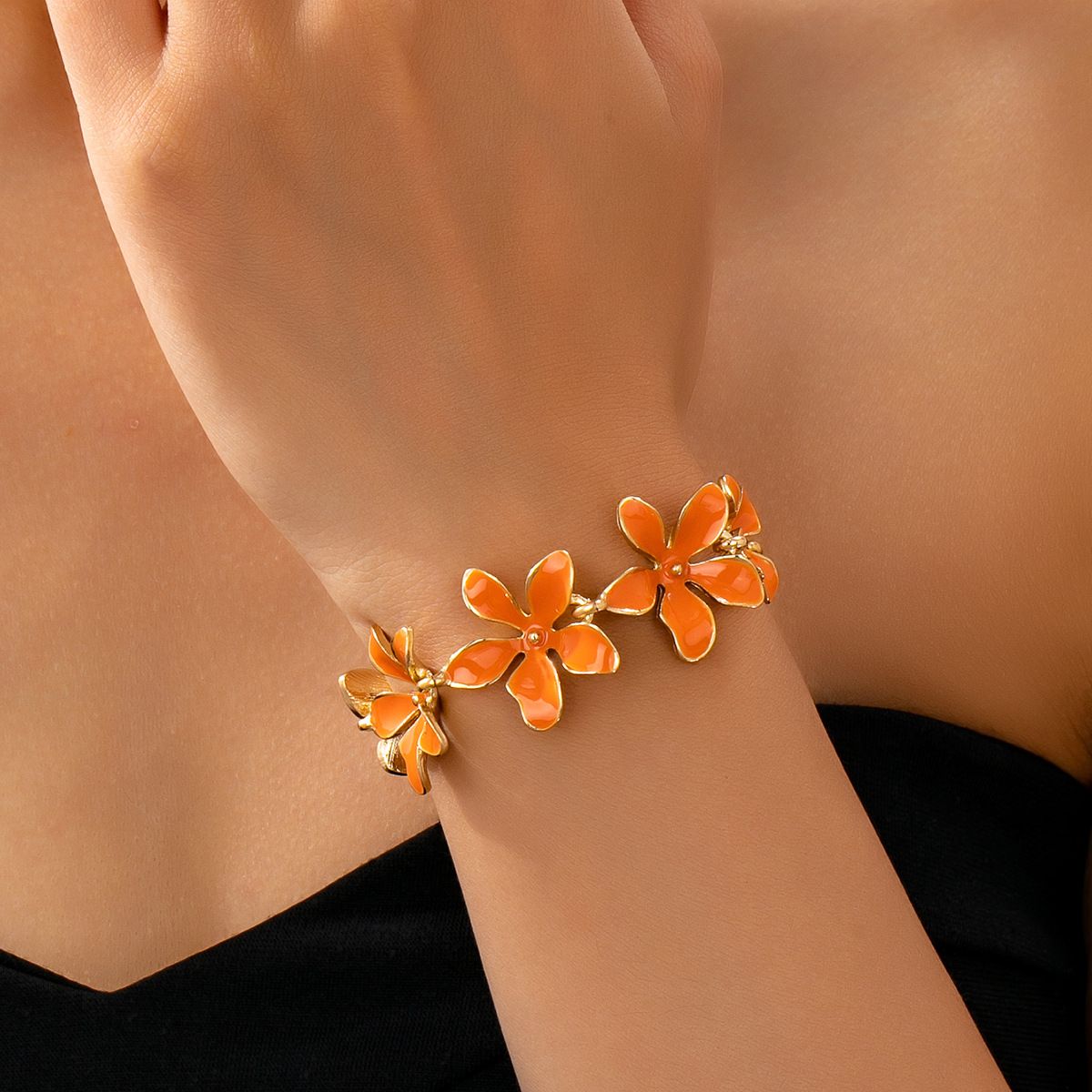 Vibrant Orange Enamel Flower Link Bracelet, Gold Tone Floral Chain with Adjustable Extension, Bold Nature-Inspired Statement Jewelry for Women
