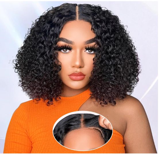 Ohemaa Strands Curly Brazilian virgin hair lace frontal 5*1 bobo wig 180% density Free part lace wig honey BLACK wig
